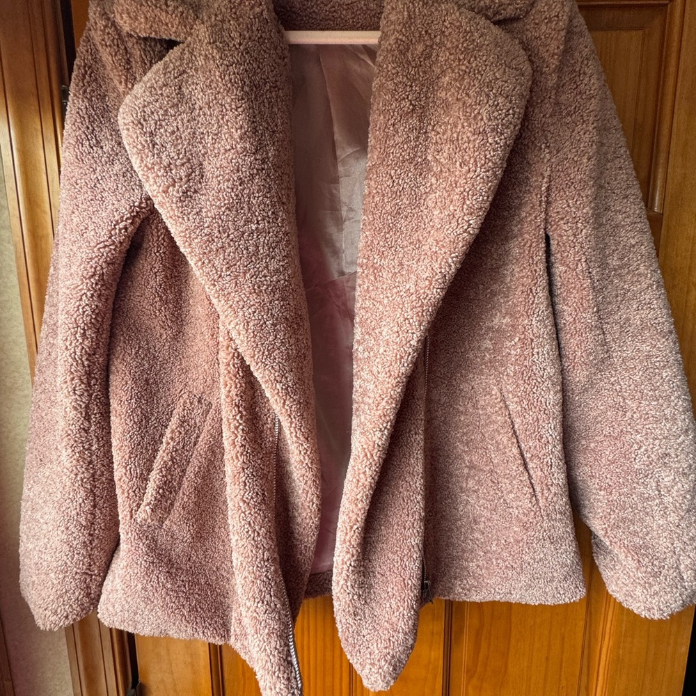 MINKPINK Blush Teddy Sherpa Jacket • Size S • Cozy Teddy Moto Coat